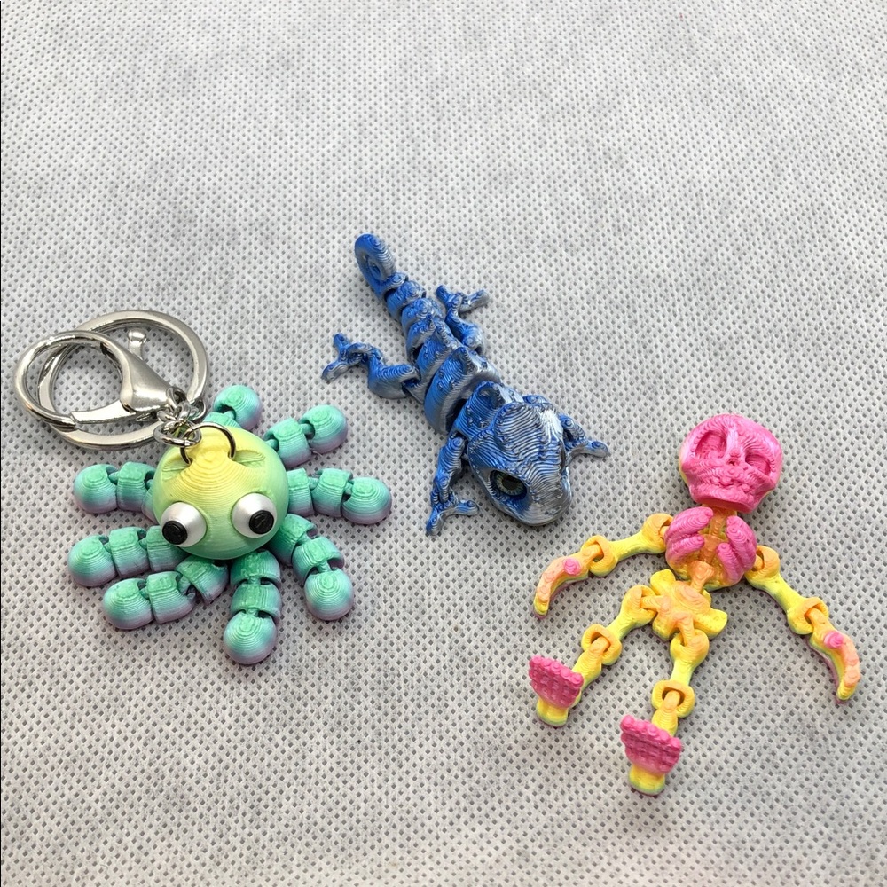 Colorful Kids Toy Keychain Pack - Green, Blue & Pink Octopus, Lizard, Skeleton